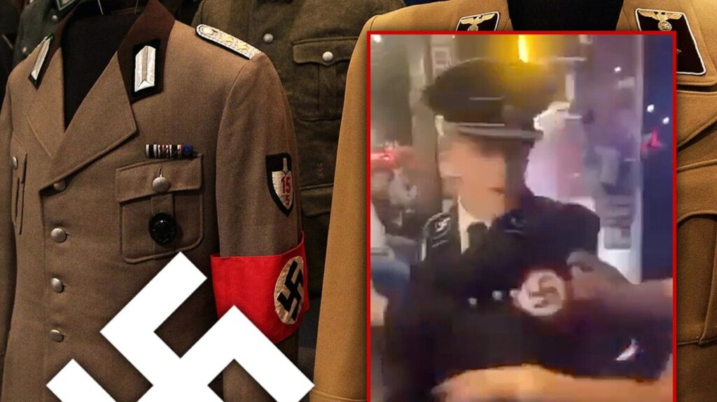 Nazi Sympathizer in Gestapo Uniform Smashes Woman With Beer Stein on Video